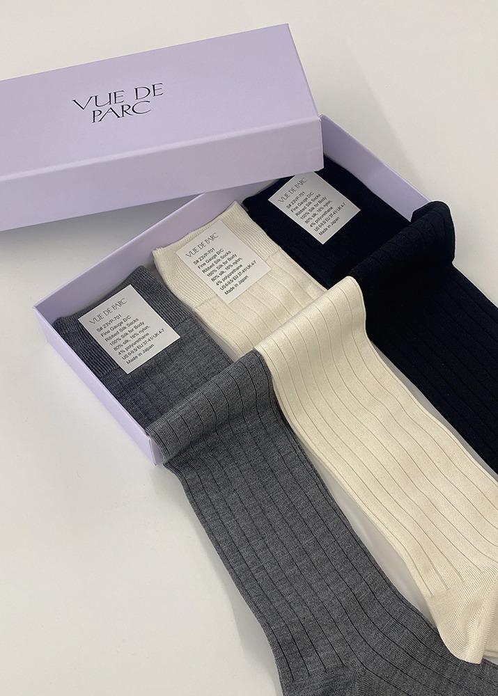 [VUE DU PARC] Ribbed Knit Silk Knee-Socks 3Color Set