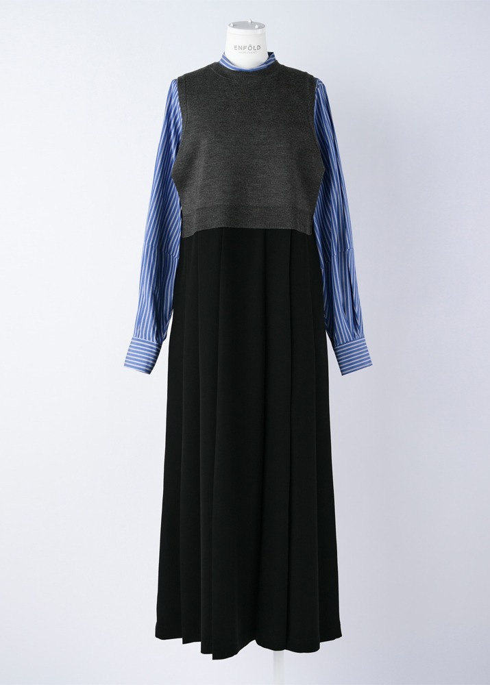 ENFOLD _ PE Twill 1 Knit Layerd Pleats Dress Blue Shirt+Grey/Black Dress