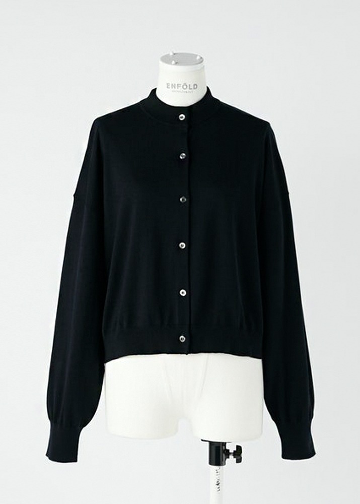 ENFOLD _ Silk Cotton Wide Cropped Stand Cardigan Navy