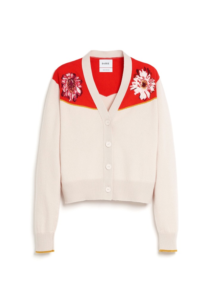 V-Neck Cardigan In Cashmere And With A Floral Motif