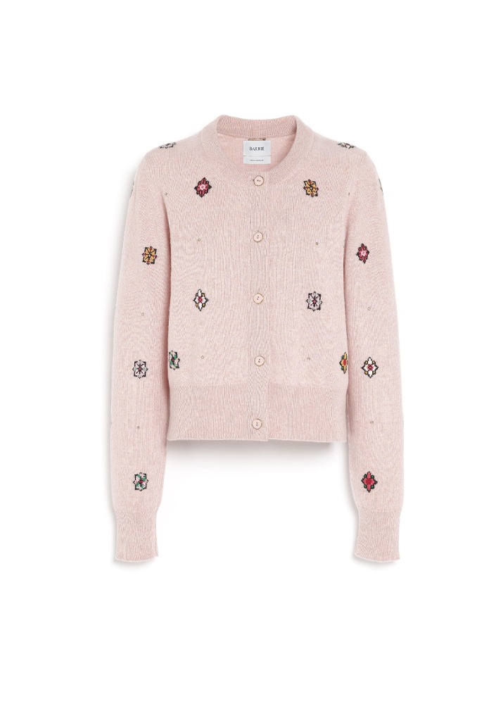 BARRIE _ Chunky Cashmere And Cotton Cardigan With Thistle Motif Pink