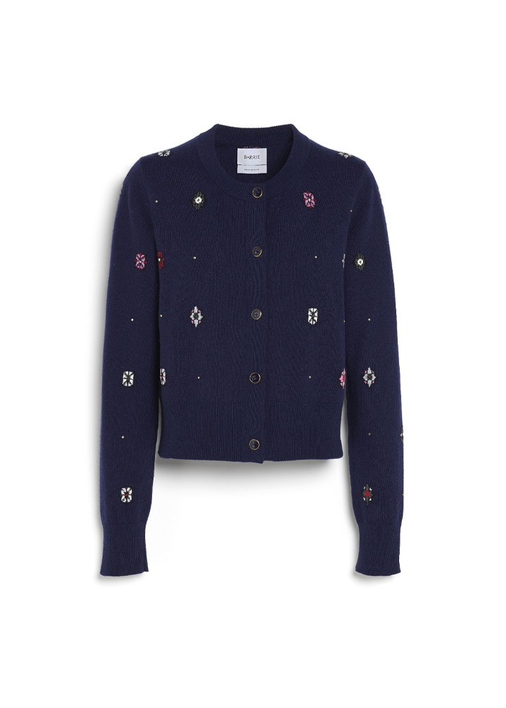 BARRIE _ Chunky Cashmere And Cotton Cardigan With Thistle Motif Navy