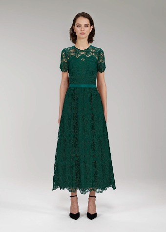 [SELF-PORTRAIT] Dark Green Floral Guipure Midi Dress
